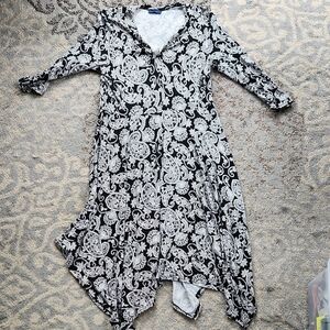 Apt. 9 Paisley Handkerchief Hem Long Sleeve Dress Black White XL